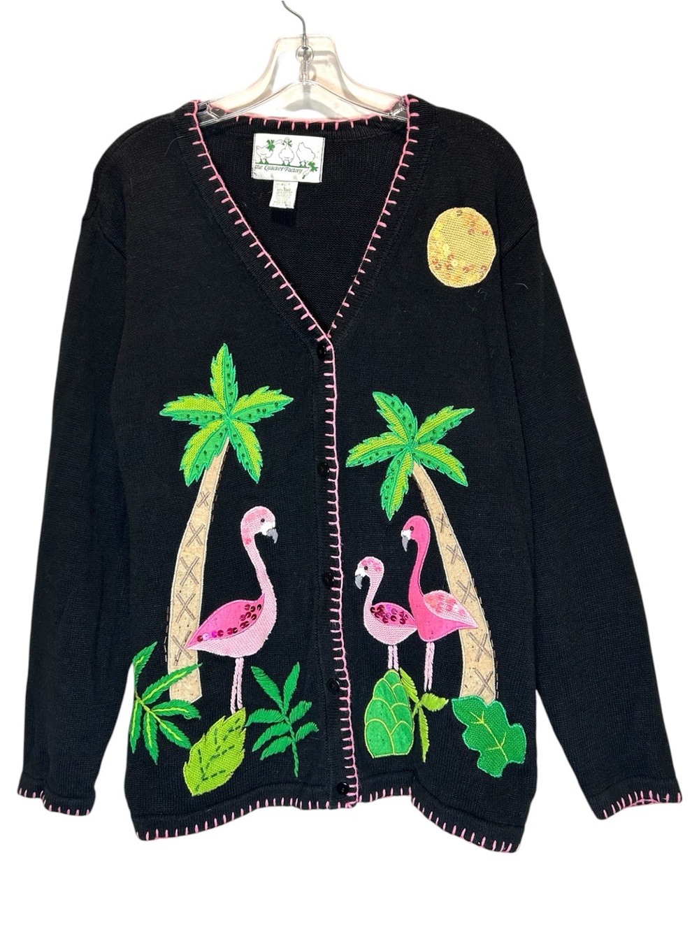 VTG The Quacker Factory Black Cardigan w/ Pink Flamingos & Palm Trees - Large